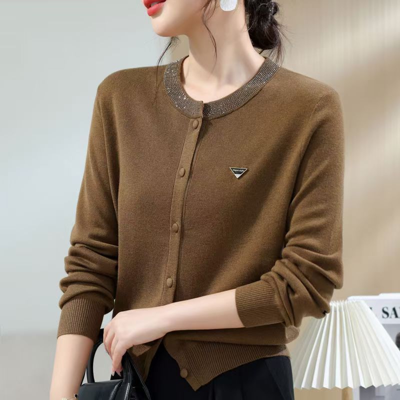 Womens Round-Neck, Diamond-Embellished, Solid-Colored Knit Cardigan