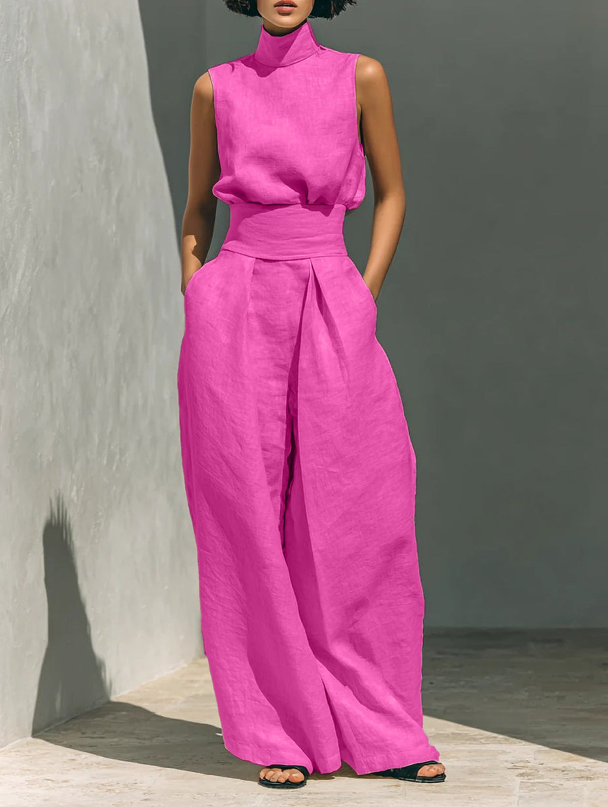 Casual Sleeveless Suit Summer Stand-up Collar Pullover Top And Loose Straight-leg Trousers Women's Clothing