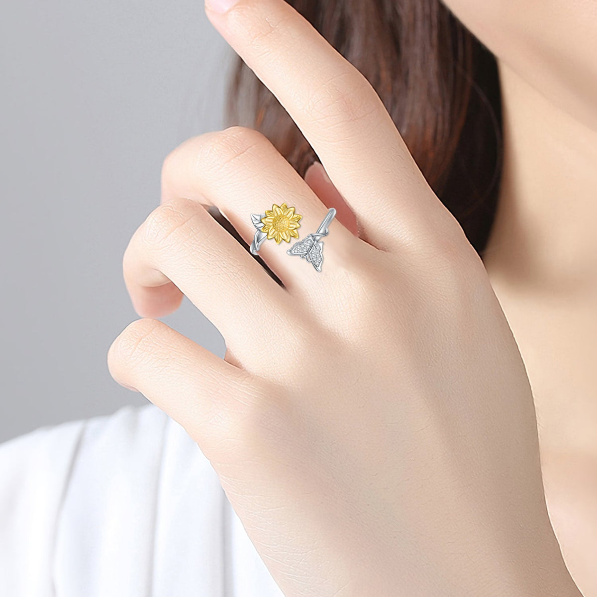 You Are My Sunshine Sunflower Butterfly Ring in Sterling Silver