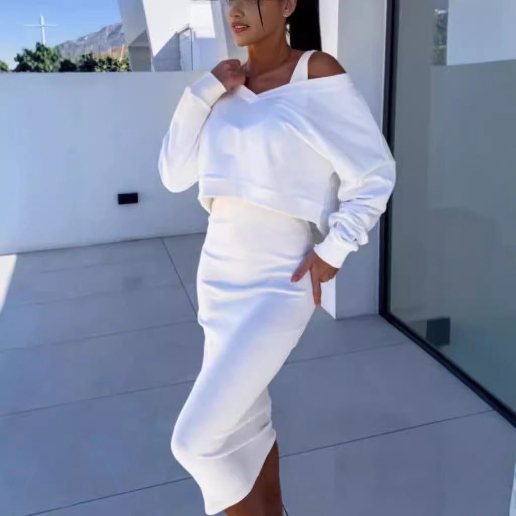 Women's Two Piece Dress Suit Fashion Long-sleeved V-neck Pullover Sweatshirt And Sleeveless Dresses Set