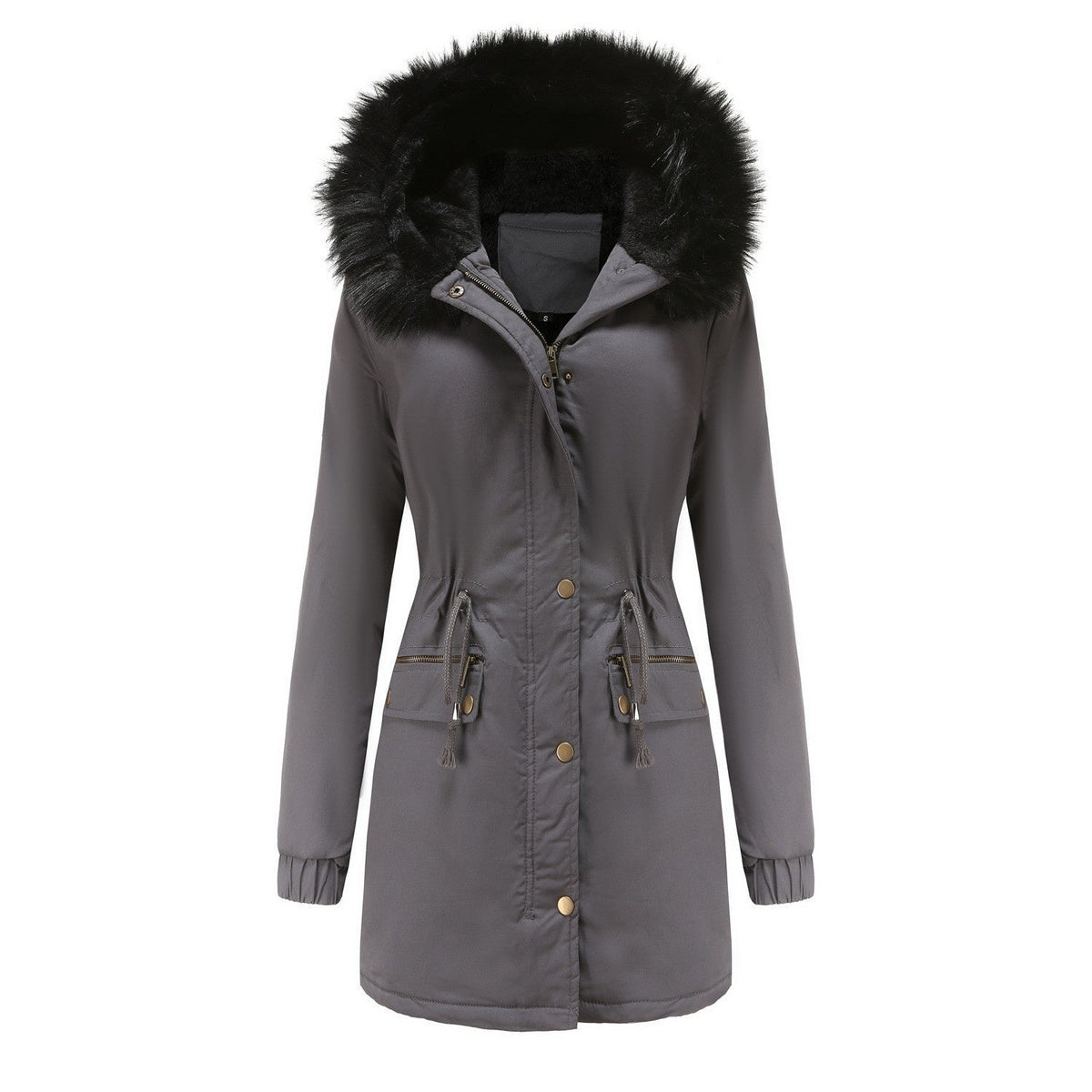 Women's Plush Hooded Parkas Winter Warm Thick Zip-up Jackets Casual Mid-length Solid Buckle Pockets Coat Outerwear Clothing