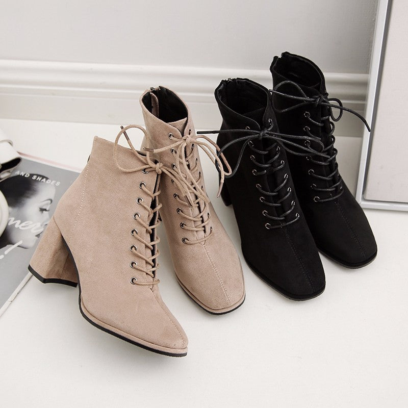 British Style Square Toe Thick Heel Lace High-heeled Martin Boots