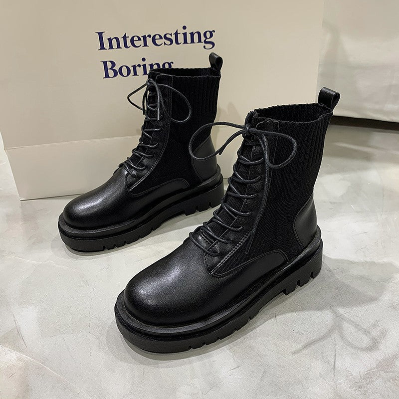 Women's Solid Color Low-Top Autumn Front Lace-up Round-Toe Thick-Heeled High-Top Black Martin Boots