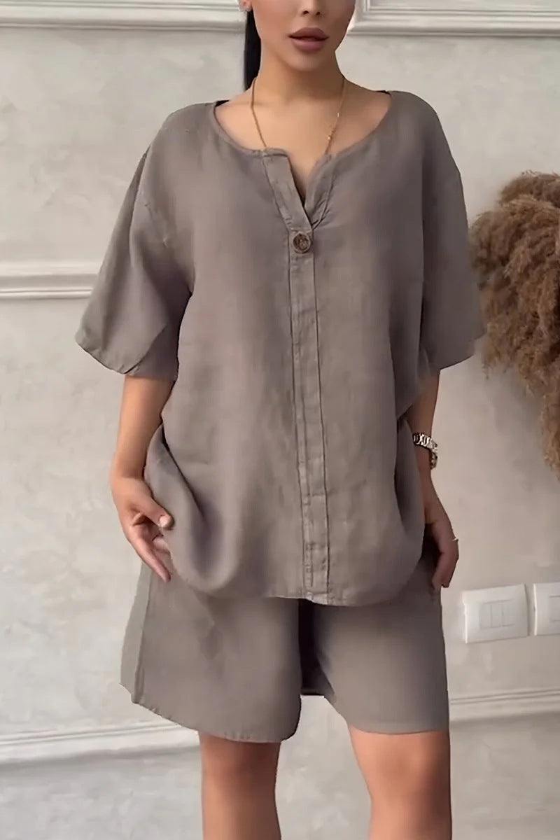 Cotton-linen Shirt Set With High-waisted Loose Shorts For Women