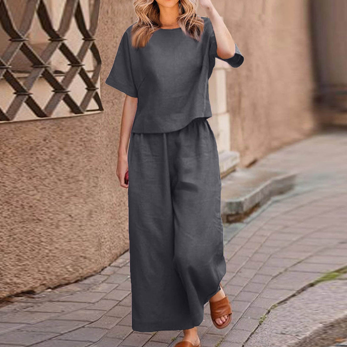 European And American Women's Linen Casual Loose Solid Color Suit Two-piece Women