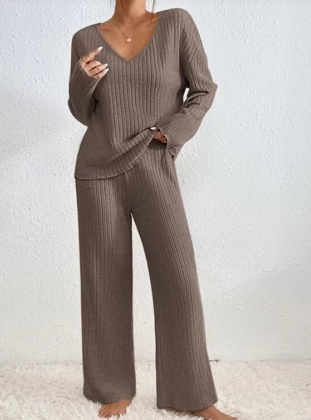 Long Sleeve V-neck Knitted Sunken Stripe Brushed Loose Leisure Suit