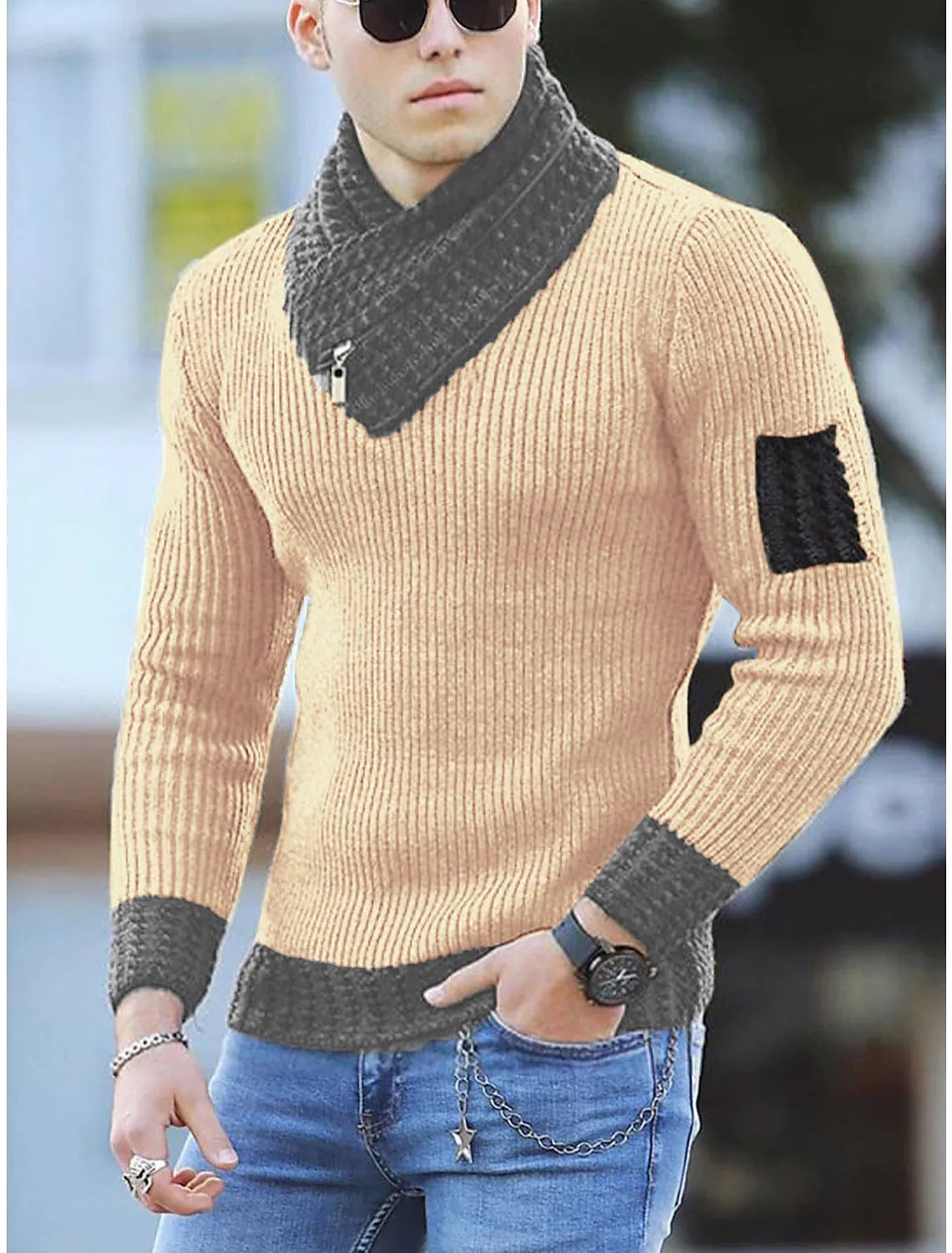Independent Station Casual Slim Knit Pullover Long-sleeved Scarf Collar Sweater Men's