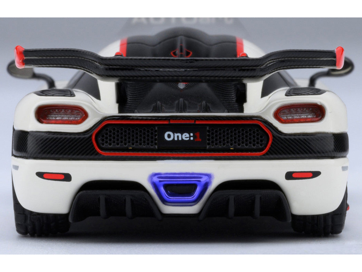 Koenigsegg One:1 Pebble White with Carbon and Red Stripes 1/64 Model Car by Autoart