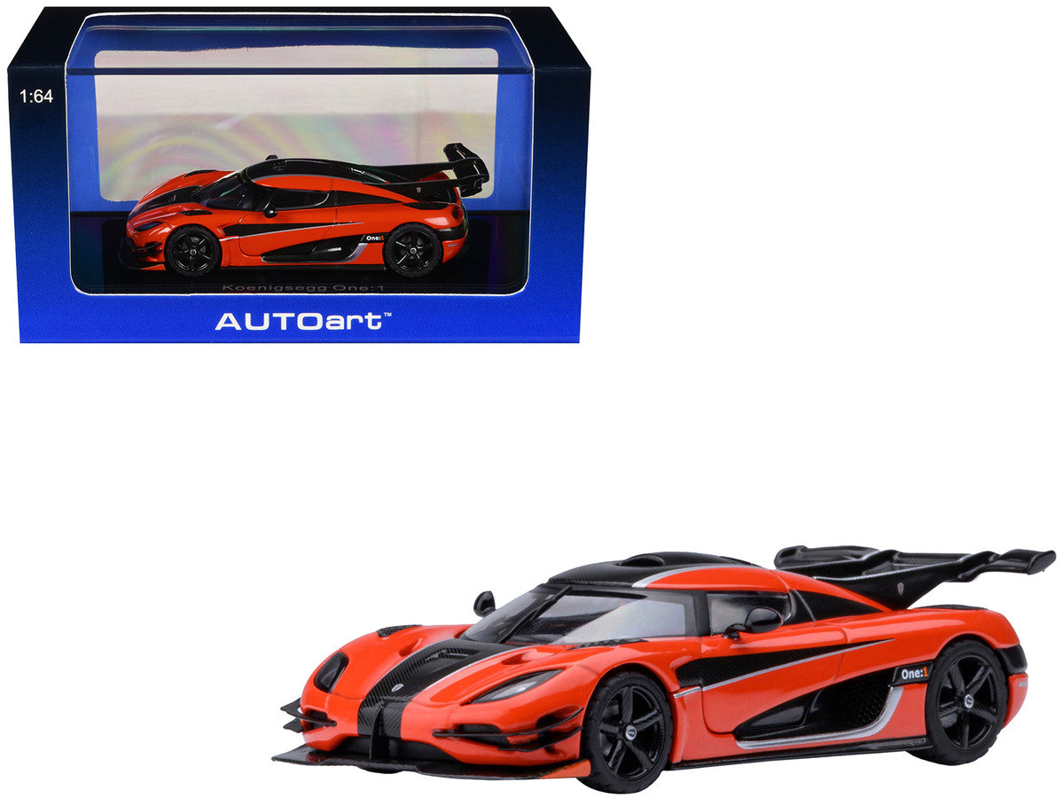Koenigsegg One:1 Lava Orange with Carbon and Silver Stripes 1/64 Model Car by Autoart