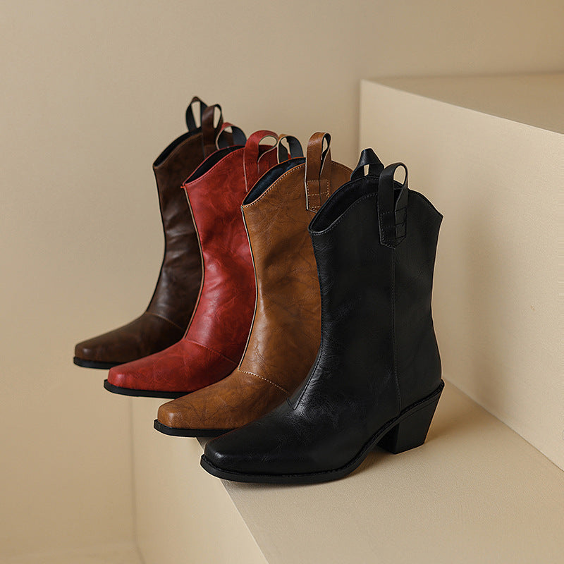Retro Square-toe V-cut Mid-calf Boots With Chunky Heels