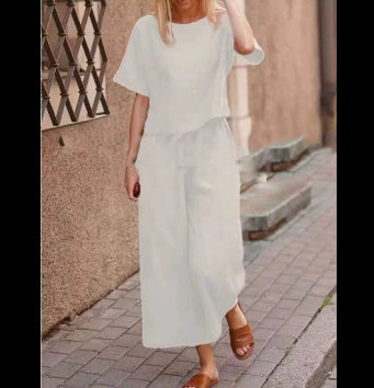 European And American Women's Linen Casual Loose Solid Color Suit Two-piece Women
