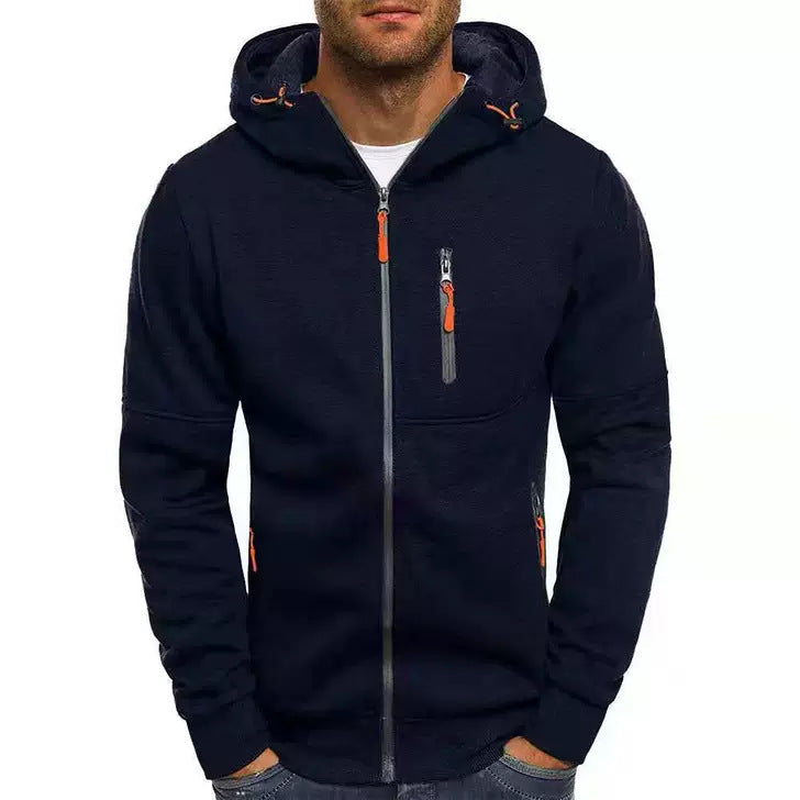 Men's Casual Zipper Hooded Sweater Solid Color Sports Fitness Jackets Cardigan