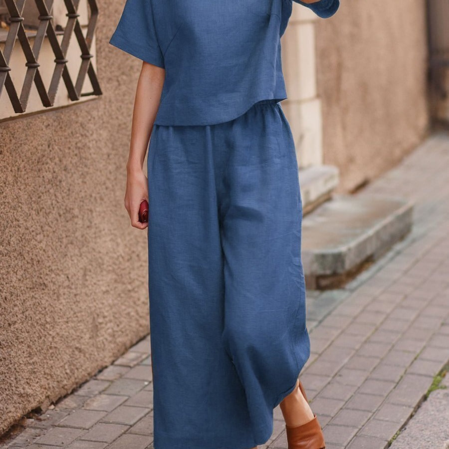 European And American Women's Linen Casual Loose Solid Color Suit Two-piece Women