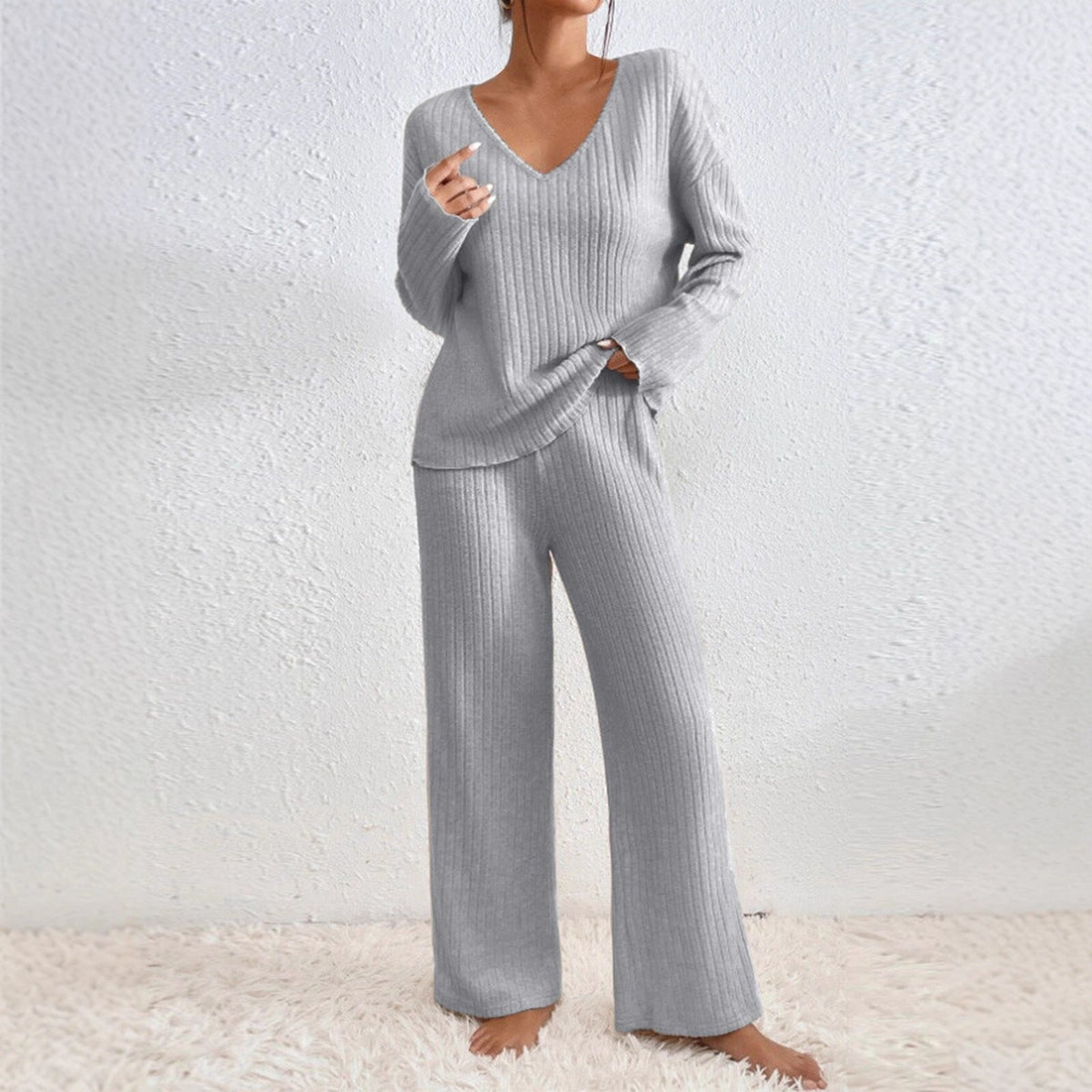 Long Sleeve V-neck Knitted Sunken Stripe Brushed Loose Leisure Suit