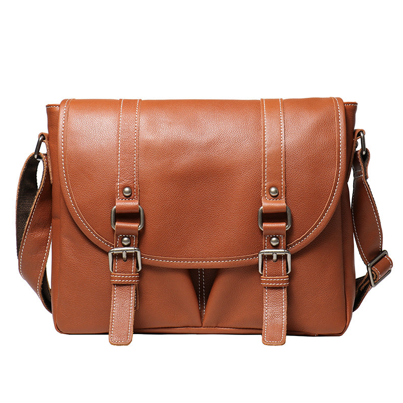 Mens Full-Grain Leather Large-Capacity Shoulder Bag