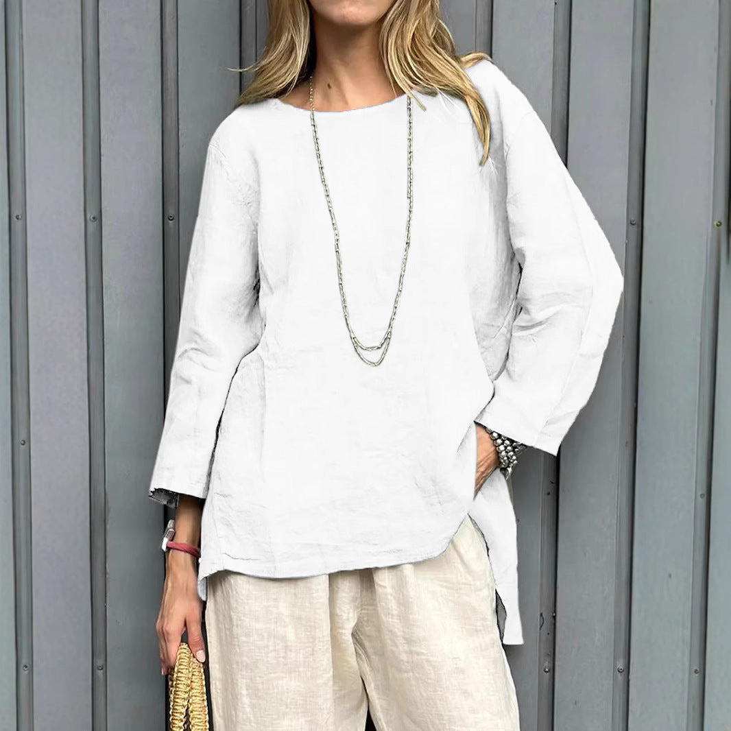 Vintage Cotton-Linen Crew-Neck Long-Sleeve Fashion Blouse For Women