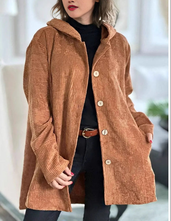 Women's Corduroy Hooded Jacket Fashion Warm Pockets Button Mid-length Top Casual Fall Winter Outwear Clothing