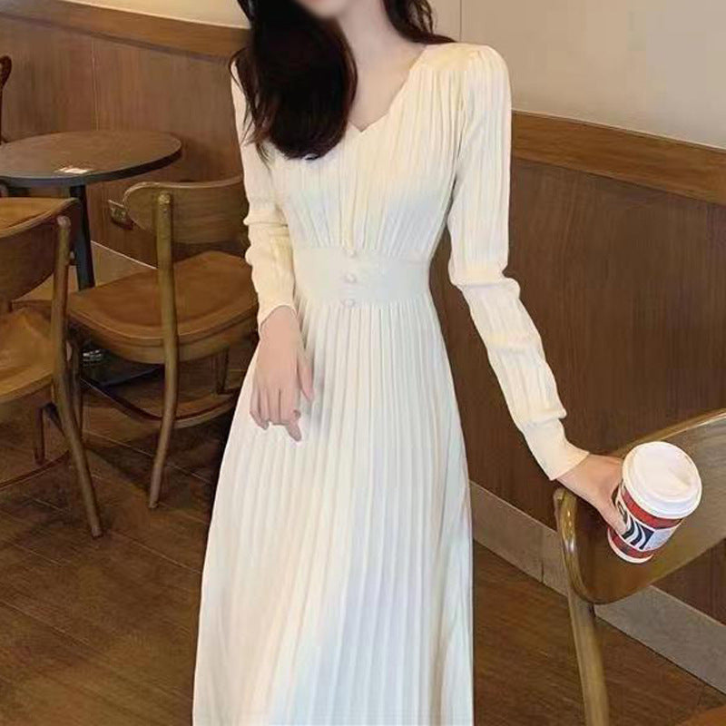 High-waisted Dress With V-neck Long Sleeve For Women