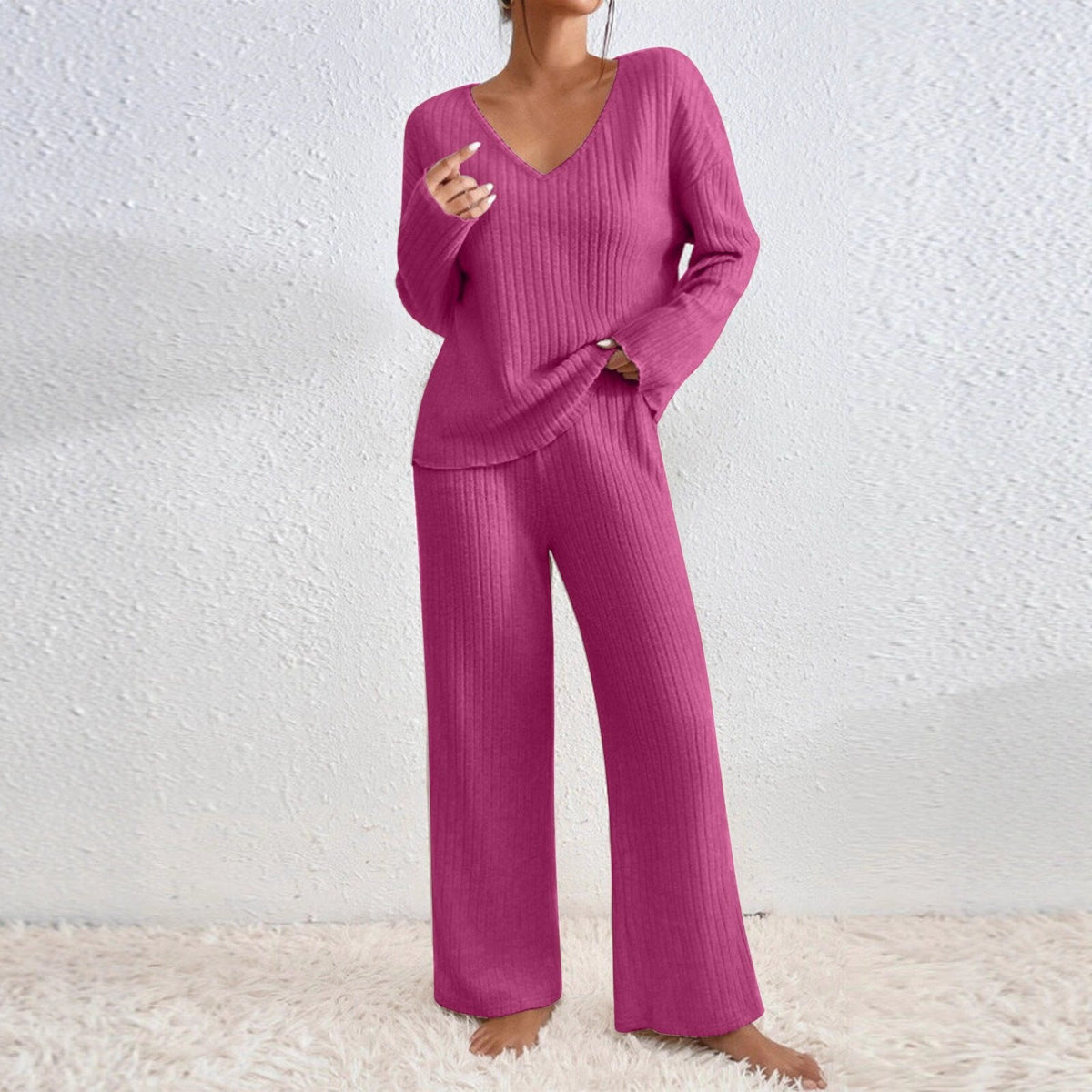 Long Sleeve V-neck Knitted Sunken Stripe Brushed Loose Leisure Suit