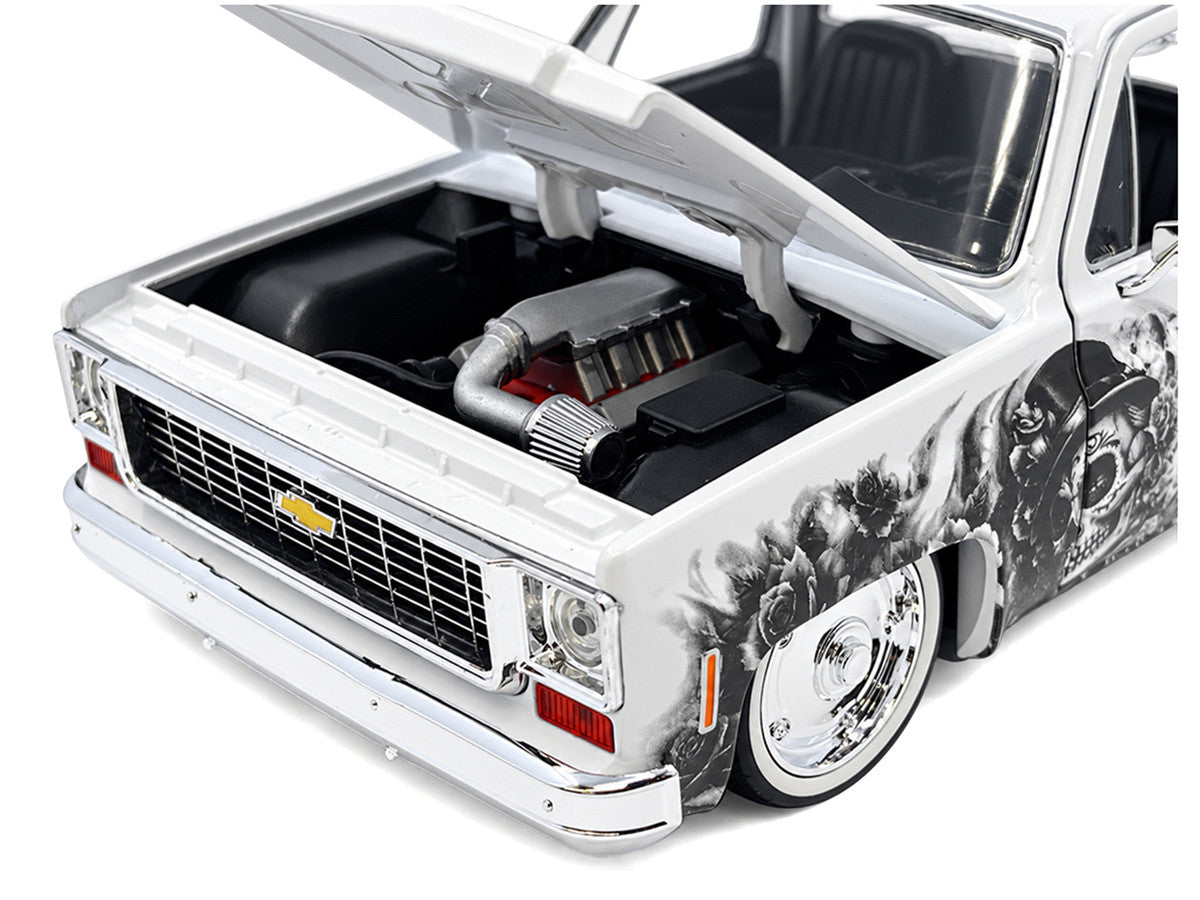 1973 Chevrolet Cheyenne 10 Pickup Truck "Dia de los Muertos" White with Graphics Limited Edition to 2500 pieces Worldwide 1/24 Diecast Model Car by M2 Machines