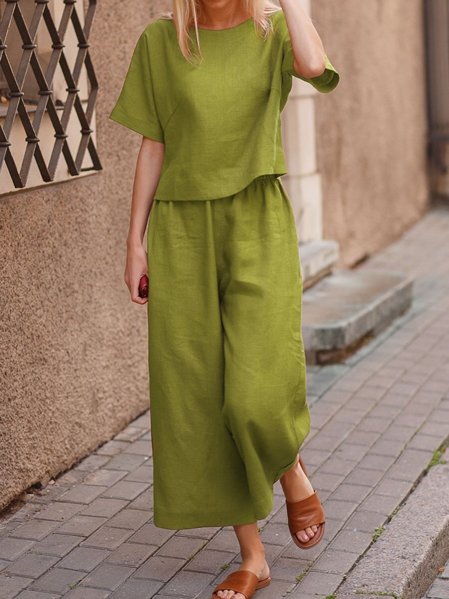 European And American Women's Linen Casual Loose Solid Color Suit Two-piece Women