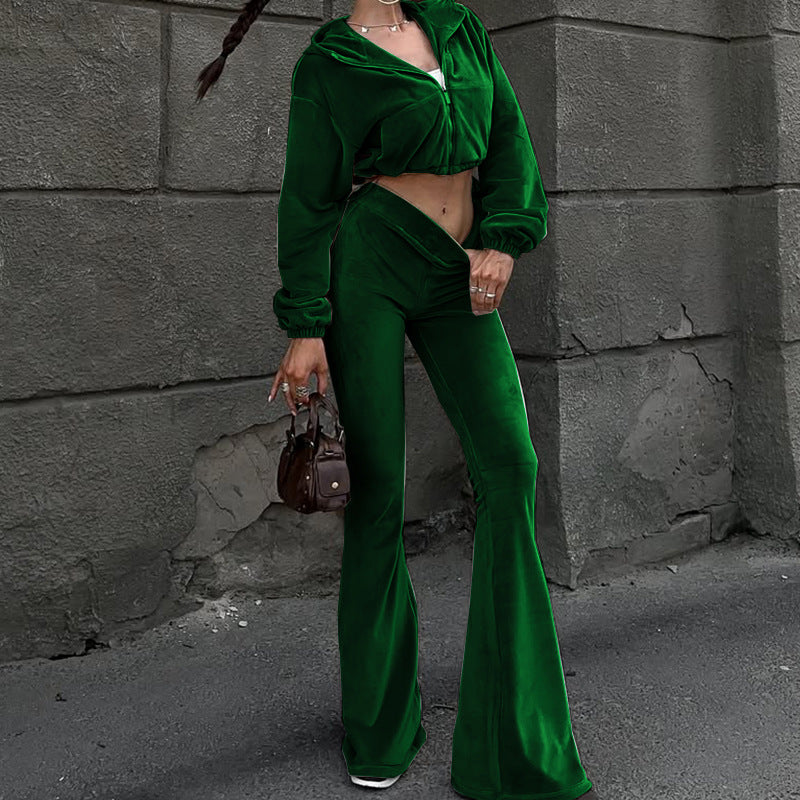 Women's Autumn New Casual Velvet High-Waist Top And Flared Pants Two-Piece Set