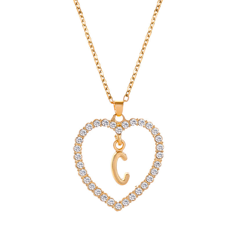 Womens Stylish & Minimalist Diamond-Encrusted 26-Letter Heart Pendant Necklace
