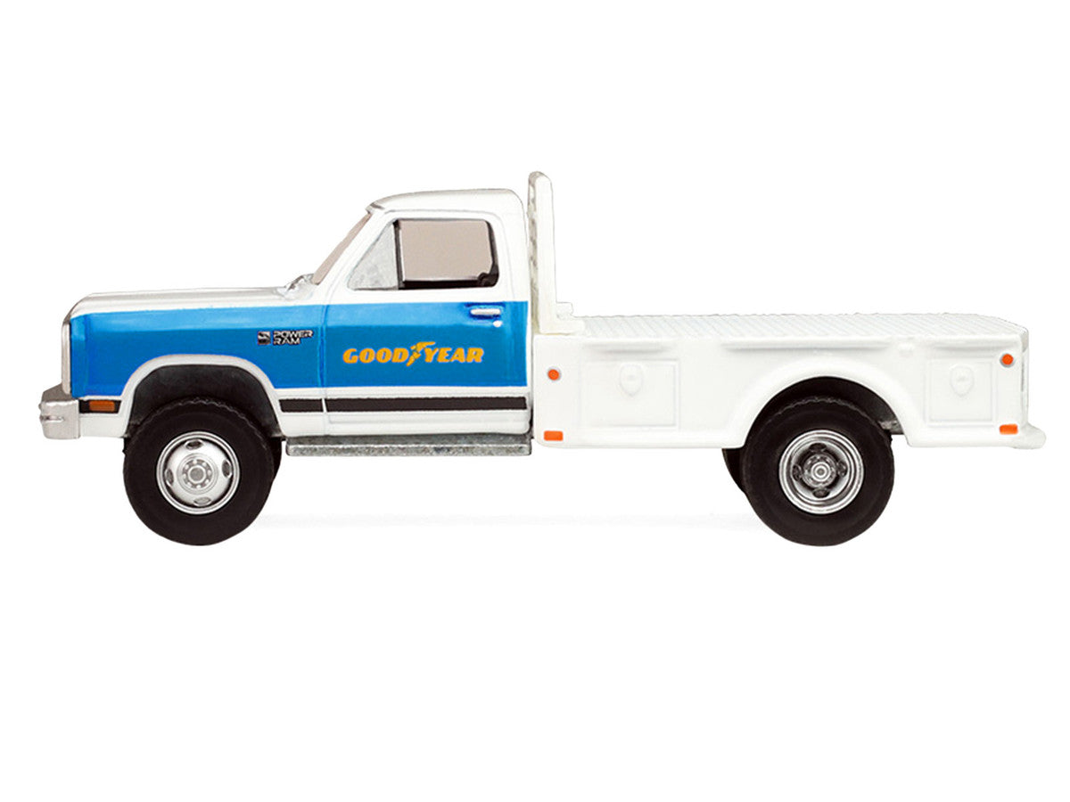 1981 Dodge Ram W350 Power Ram Dually Flatbed Truck "Goodyear" White with Blue Sides "Dually Drivers" Series 17 1/64 Diecast Model Car by Greenlight