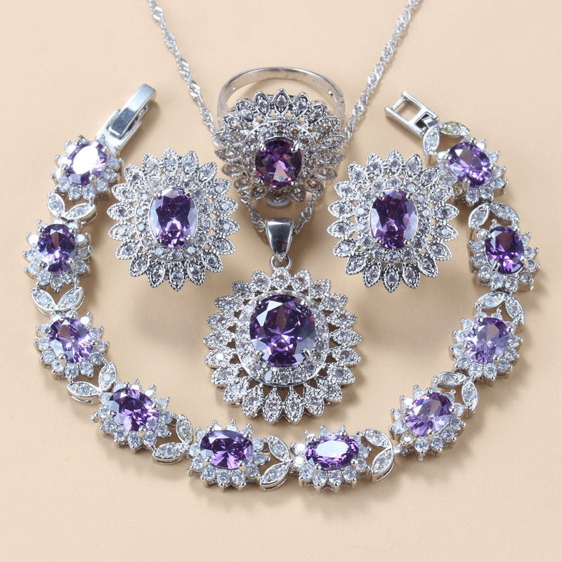 Garnet Cubic Zirconia Earrings Pendant Necklace Bracelet Ring Gift 4 PCs Set