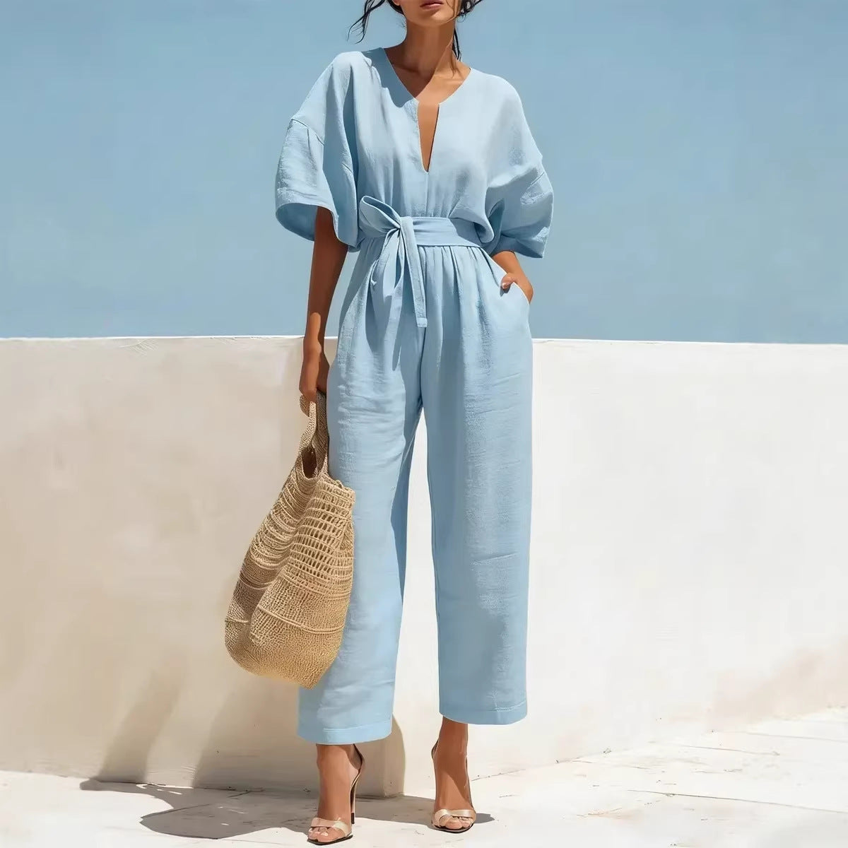 Fashionable V-Neck Solid Color Cotton-Linen Jumpsuit For Women