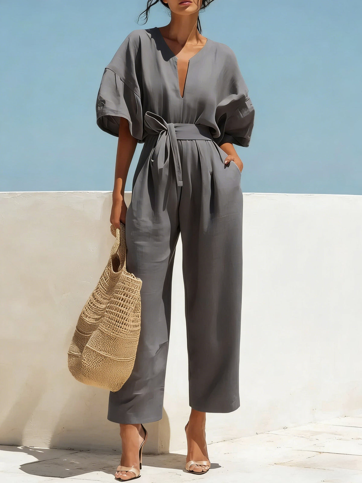 Fashionable V-Neck Solid Color Cotton-Linen Jumpsuit For Women