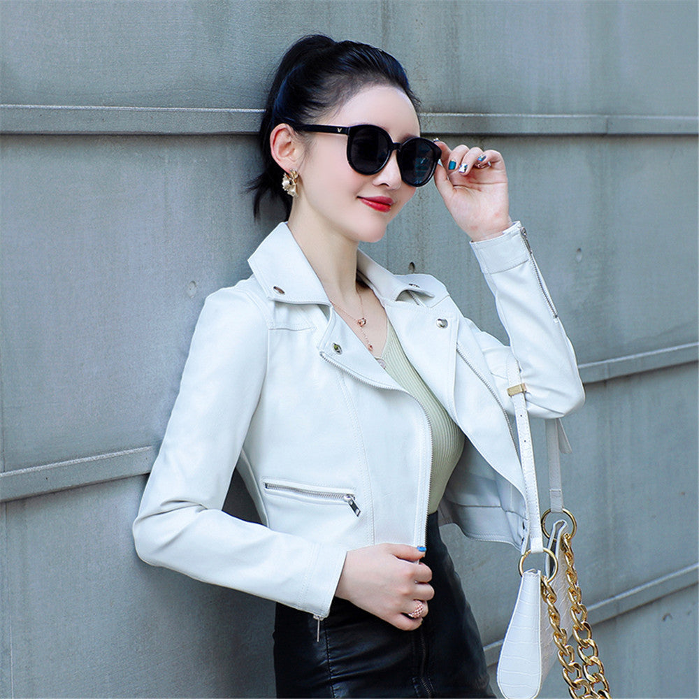 Motorcycle Leather Women's Short Slim Fit Plus Size Washed Leather Jacket