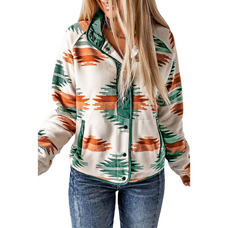 Winter Women's Printed Cardigan Jacket Fashion Color Contrast Fleece Coat
