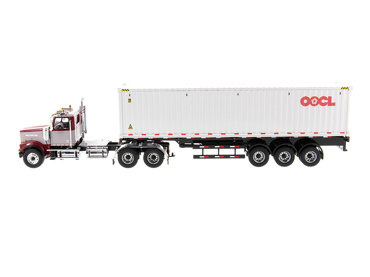 Western Star 4900 SF Tandem Day Cab Truck Tractor Red and Gray with 40' Dry Goods Sea Container "OOCL" White "Transport Series" 1/50 Diecast Model by Diecast Masters