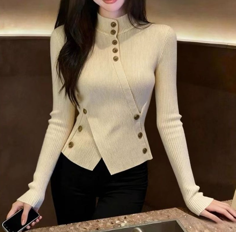 Autumn And Winter Retro Apricot Semi-high Neck Knitted Sweater Women's Fitted Base Shirt Long Sleeve Top