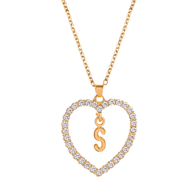 Womens Stylish & Minimalist Diamond-Encrusted 26-Letter Heart Pendant Necklace
