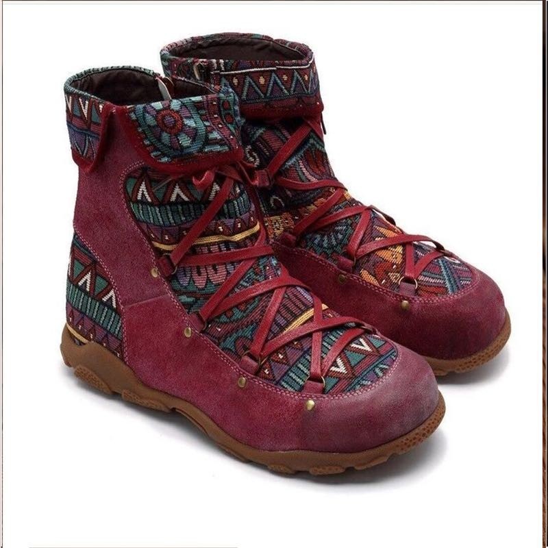 Ethnic Style Large Size Short Boots Women's Fashion Retro Side Zipper Round Head Autumn And Winter Fashion Nude Boots