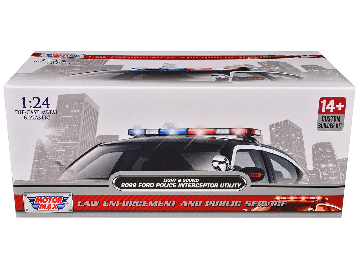 2022 Ford Police Interceptor Utility Black and White "Builder's Kit" with Flashing Light Bar and Front and Rear Lights and Sounds 1/24 Diecast Model Car by Motormax