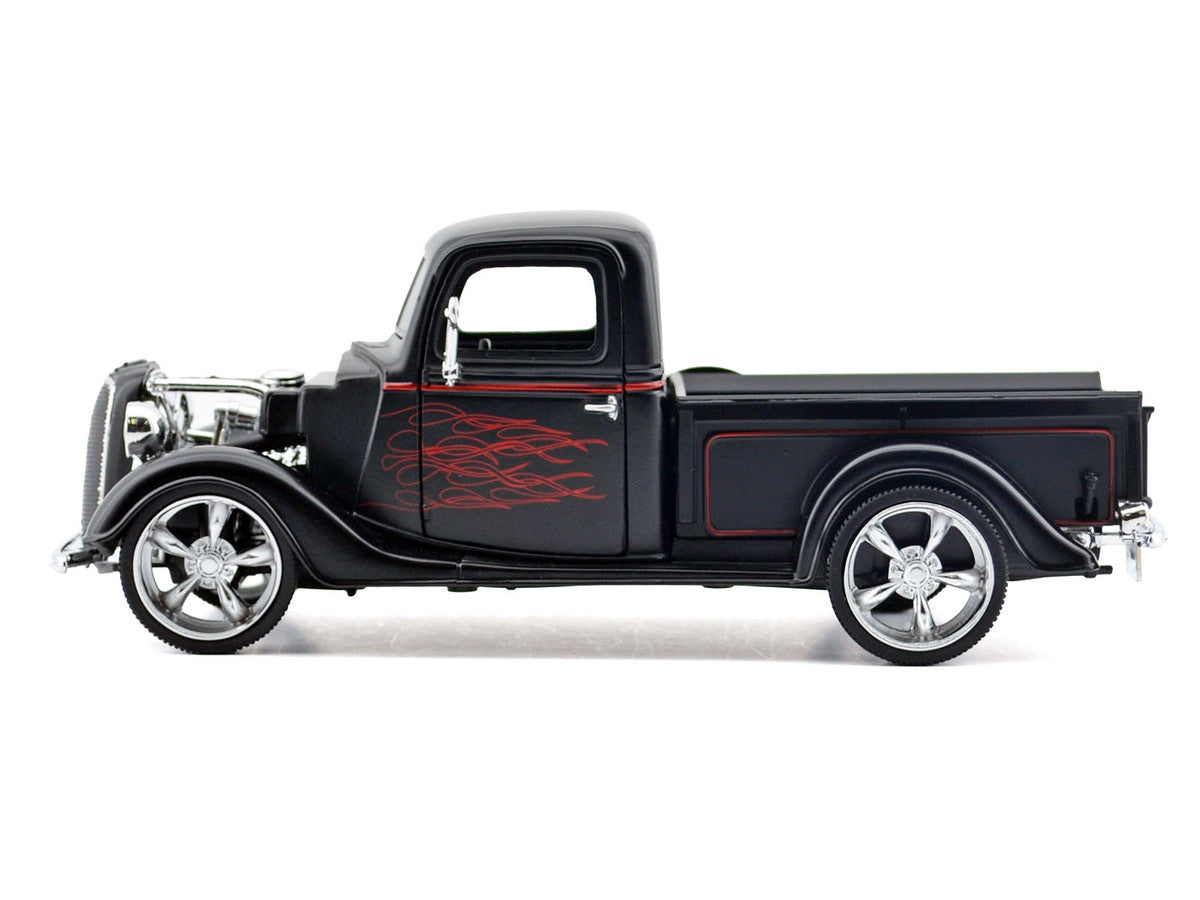 1937 Ford Pickup Truck Matt Black with Red Flame Graphics "Kult Klassics" Series 1/24 Diecast Model Car by Motormax