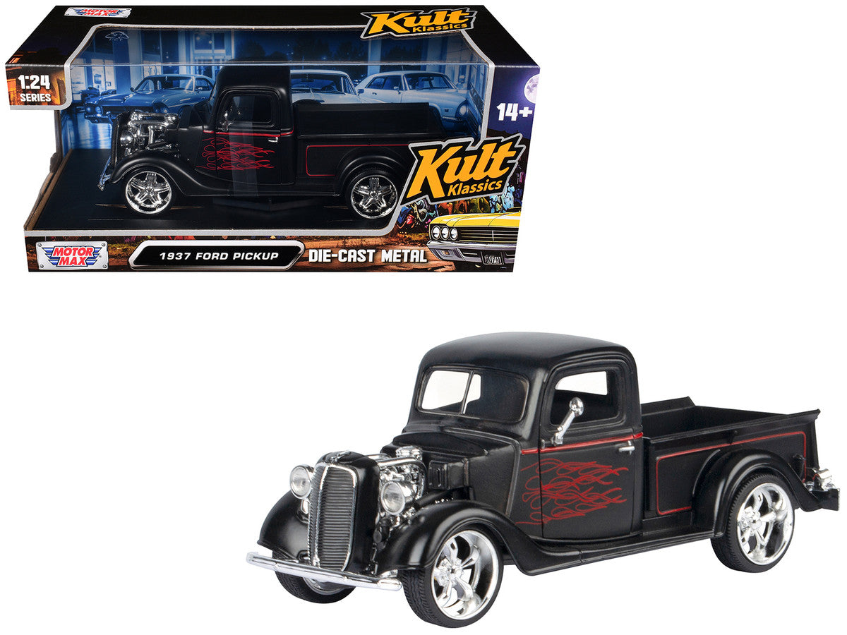 1937 Ford Pickup Truck Matt Black with Red Flame Graphics "Kult Klassics" Series 1/24 Diecast Model Car by Motormax