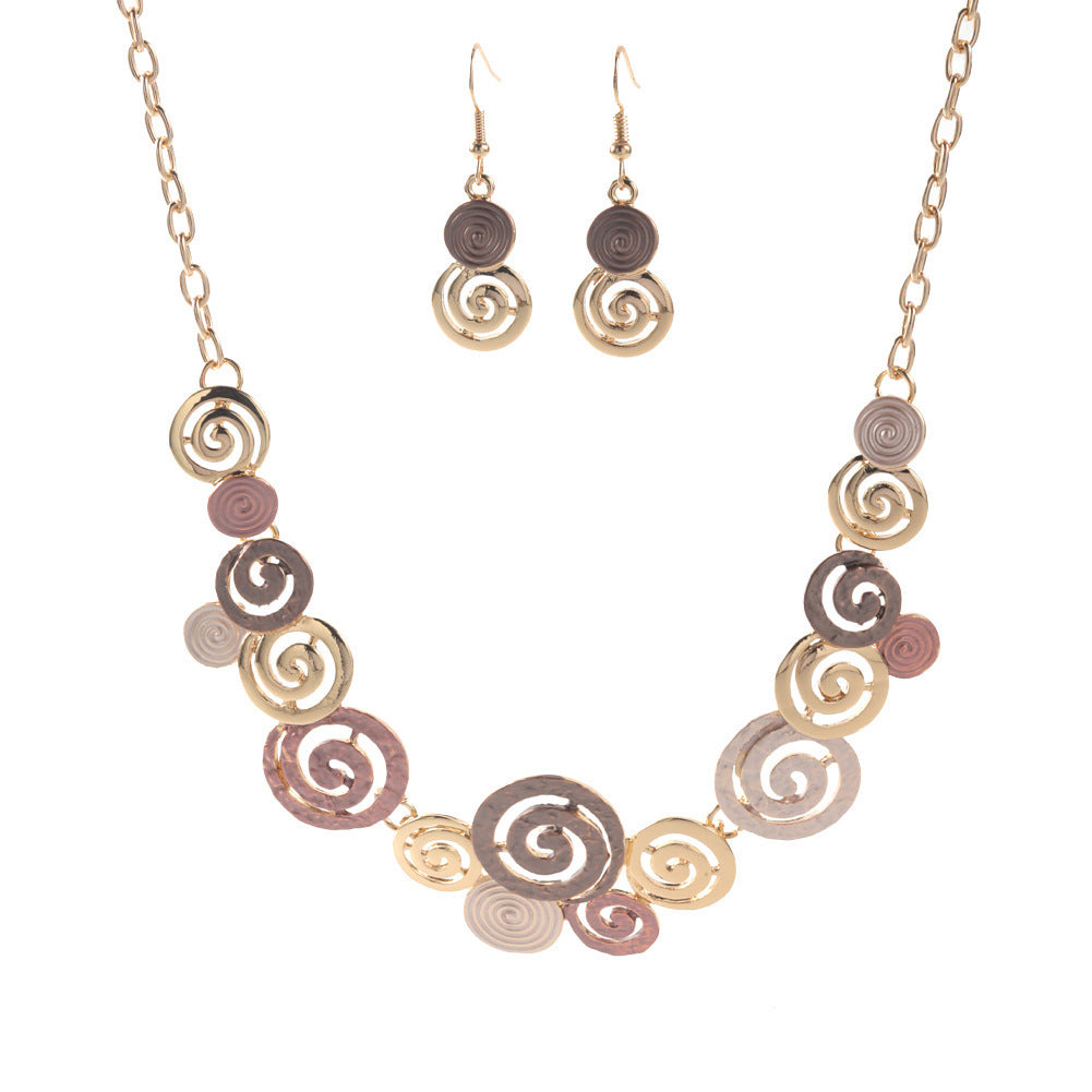 Zinc Alloy Geometric Round Spiral Color Oil Necklace Hollow Design Eardrop Set
