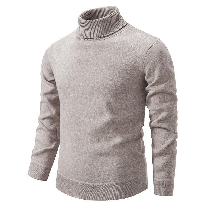 Men's Turtleneck Pullover Sweater Fashion Solid Color Fleece Lined Knitted Long-sleeved Top Clothing