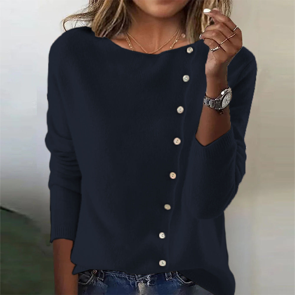 Elegant Round Neck Long Sleeve Button Sweater For Women Fall Spring Knitted Sweaters Tops