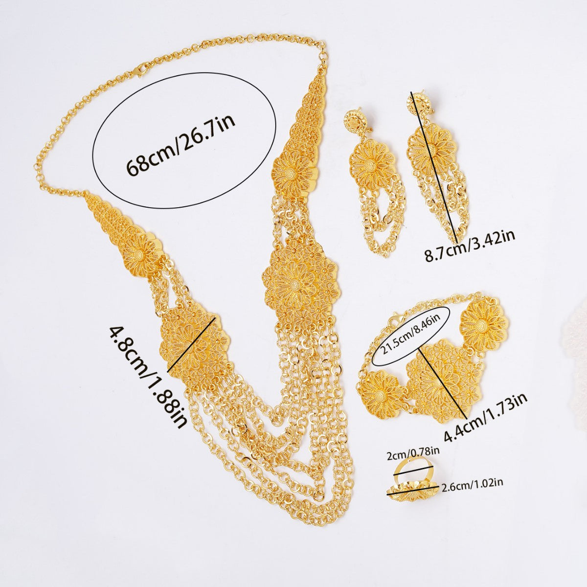 24K Gold Flower Necklace Earring Ring Bracelet Set