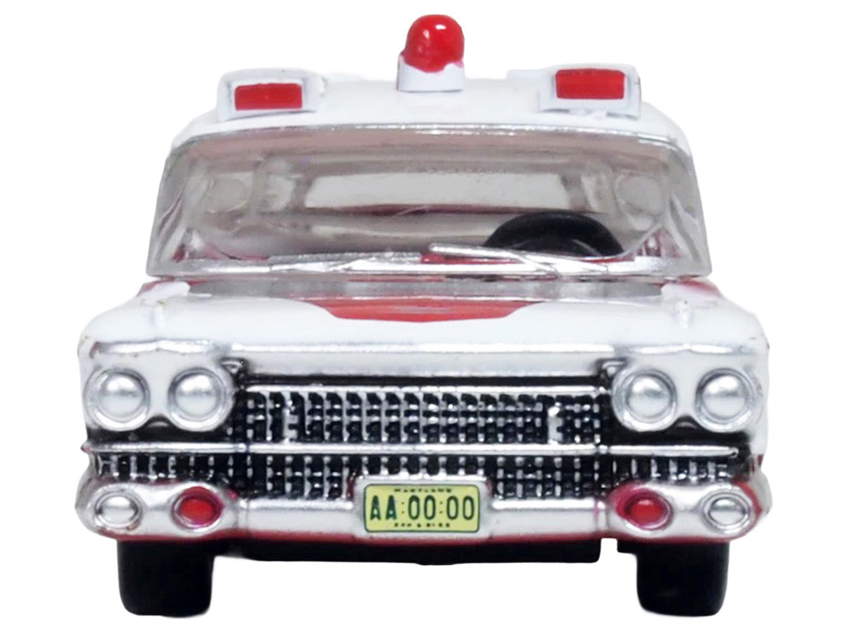1959 Cadillac Miller-Meteor Ambulance Red and White 1/100 Scale Diecast Model Car by Oxford Diecast