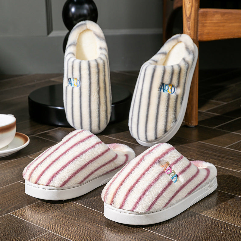 Ins Plush Striped Slippers Winter Warm Letter Embroidered Shoes Fashion Floor Bedroom Home Slipper For Women Men Couples