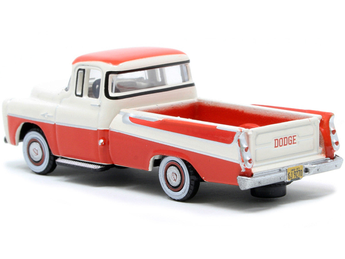 1957 Dodge D100 Sweptside Pickup Truck Tropical Coral and Glacier White 1/87 (HO) Scale Diecast Model Car by Oxford Diecast