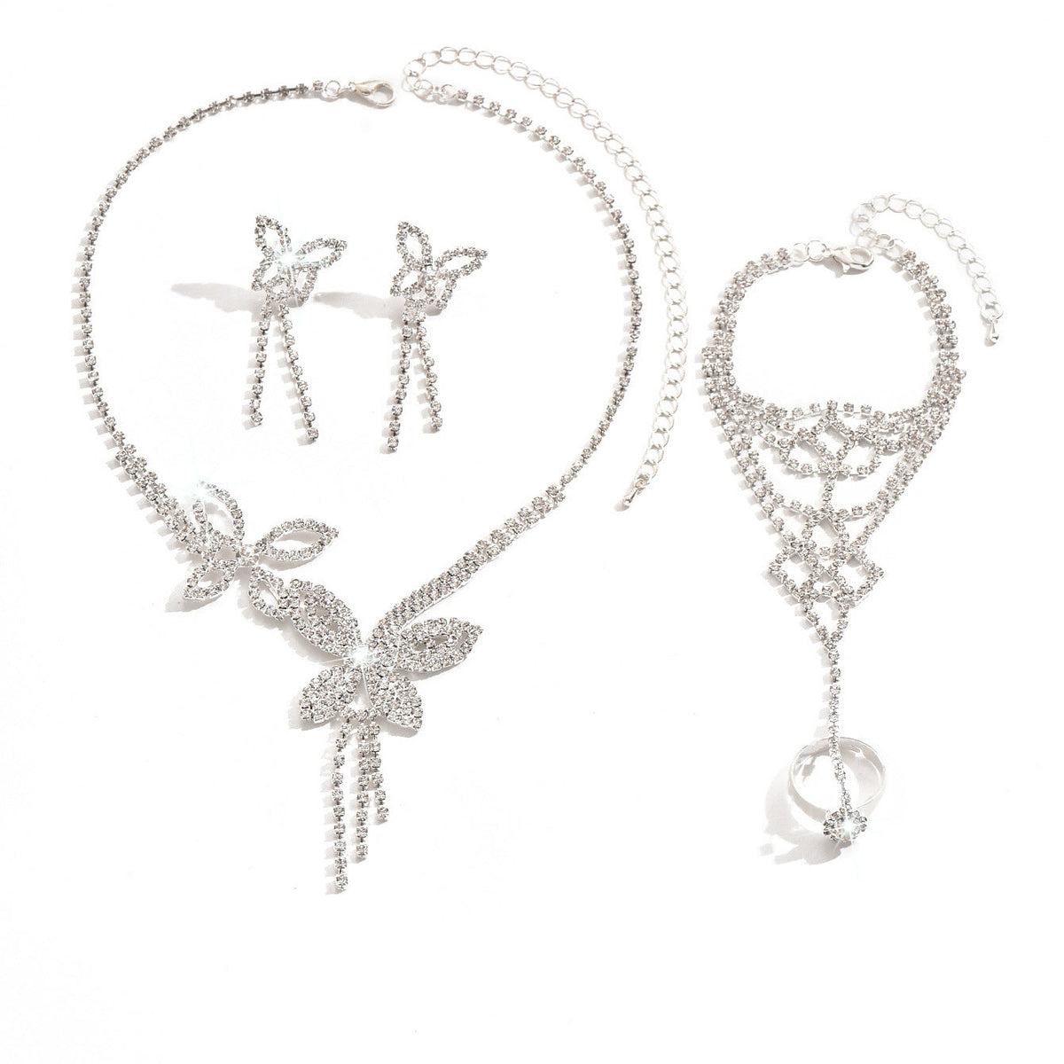 Butterfly Tassel Rhinestone Necklace Earring Bracelet 3 Pieces Suit