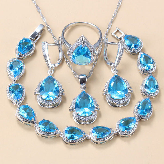 Gem-inlaid Pendant Earrings Necklace And Four-piece Ring Set Pack