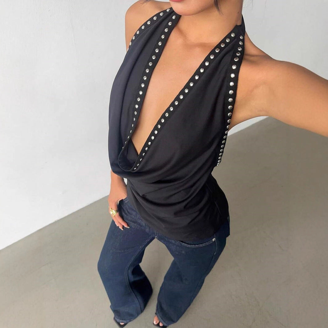 Solid-color Top With Studs Sexy Womens Clothing